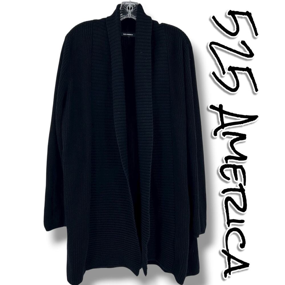 525 America Black Open-Front Ribbed Cotton Shawl-Collar Cardigan Womens Size XL